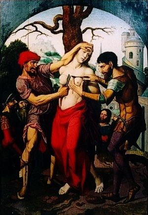 De heilige Agatha wordt bloederig van haar borsten ontdaan